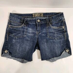 Truce Womens Denim Shorts Size 13 Embroidered Pocket Stretch Raw Hem Cutoff Y2K